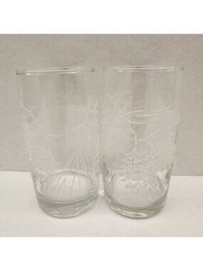 Etched Pine Tree Glasses Set‎ of 2 Clear Glass Holiday Barware Drinkware